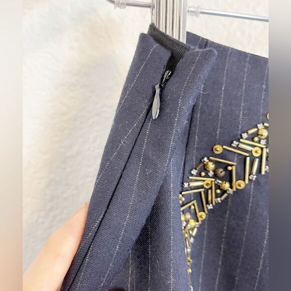 J Crew navy pin stripe pencil skirt with sequined detail.  Office Siren 6. NWT - Picture 3 of 7